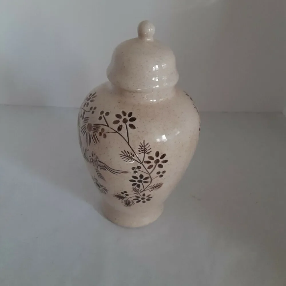 Student Art Hand Etched Pottery Urn With Lid, Mockingbirds Minimalist